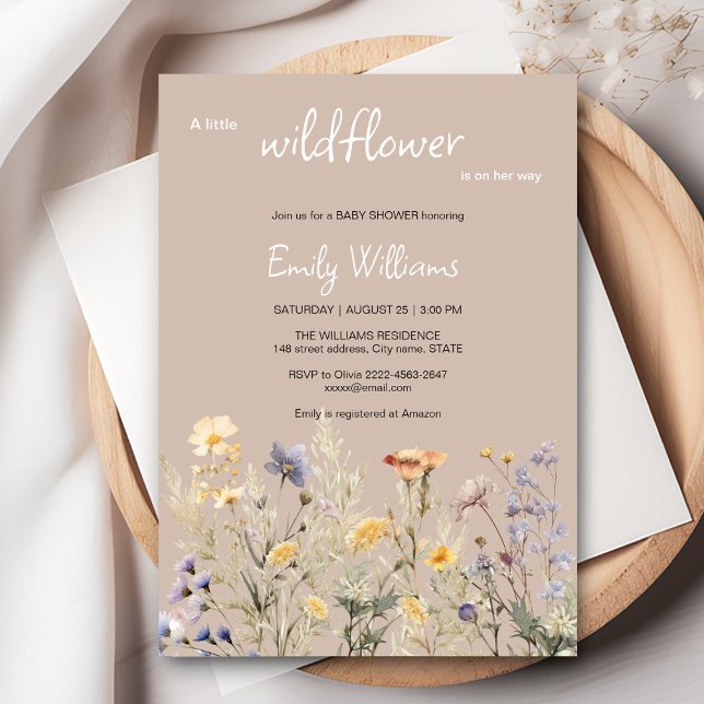 Um convite para chá de fraldas para uma menina de  (A little wildflower elegant rustic boho watercolor baby shower invitation, baby in bloom)