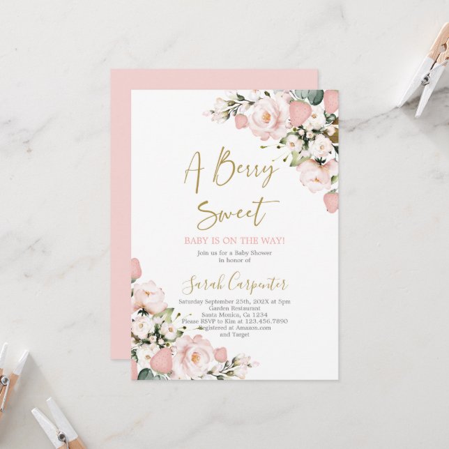 Um convite para Chás de fraldas Berry Sweet (Frente/Verso In Situ)