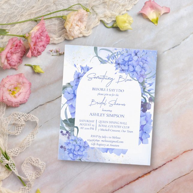 Um convite para orçamento de chá de panela elegant (Something blue bridal shower blue hydrangeas budget affordable bridal shower invitation template)