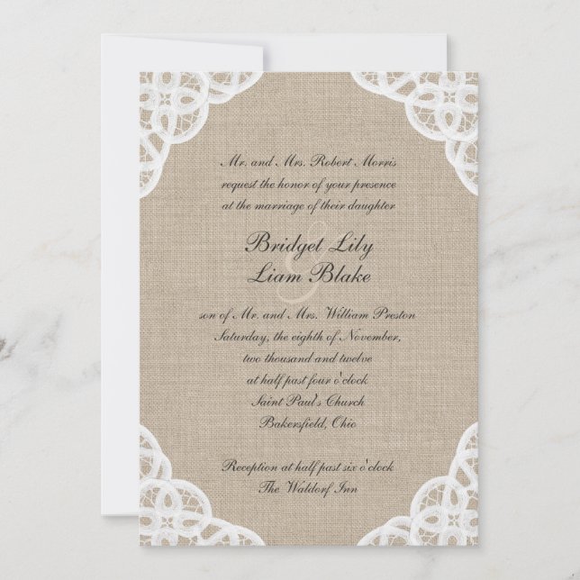 Um Convite Rustic Lace & Burlap De Casamento (Frente)