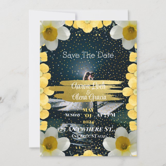 Um convite seco enfeitado com flores narcisas (Frente)