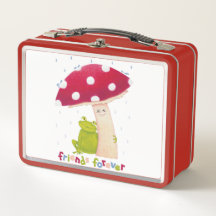 Um desenho animado, sapo e cogumelo em chuva