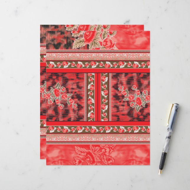 um design floral vermelho e verde num fundo preto (Frente/Verso In Situ)