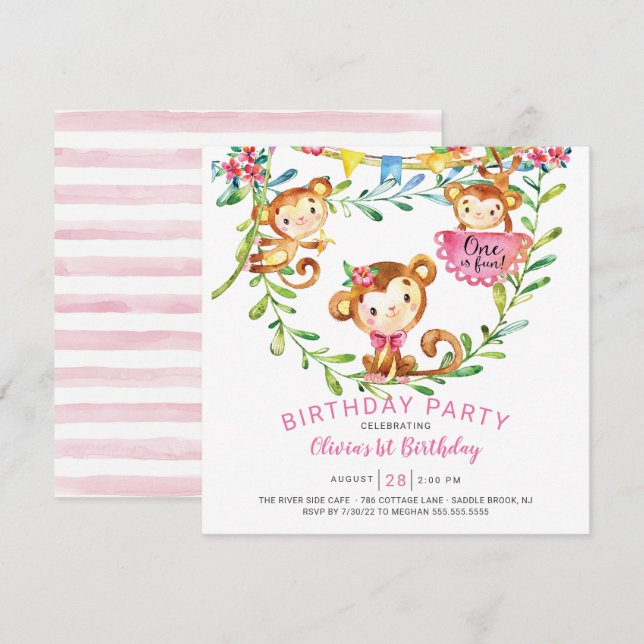 Um É Um Convite De primeiro aniversario De Macaco  (Frente/Verso)