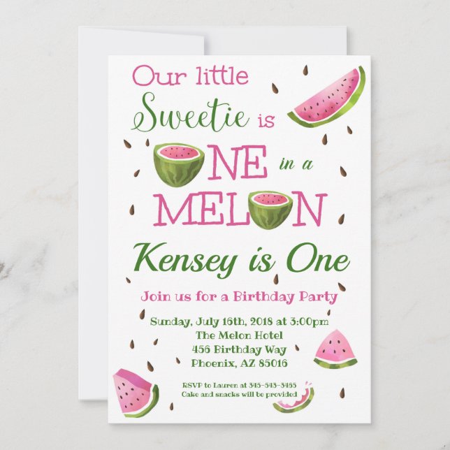Um em um Convite à Aniversário Melon Watermelon (Frente)