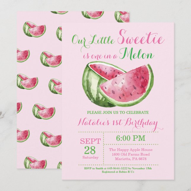 Um em um Convite à Primeira Aniversário de Melon W (Frente/Verso)