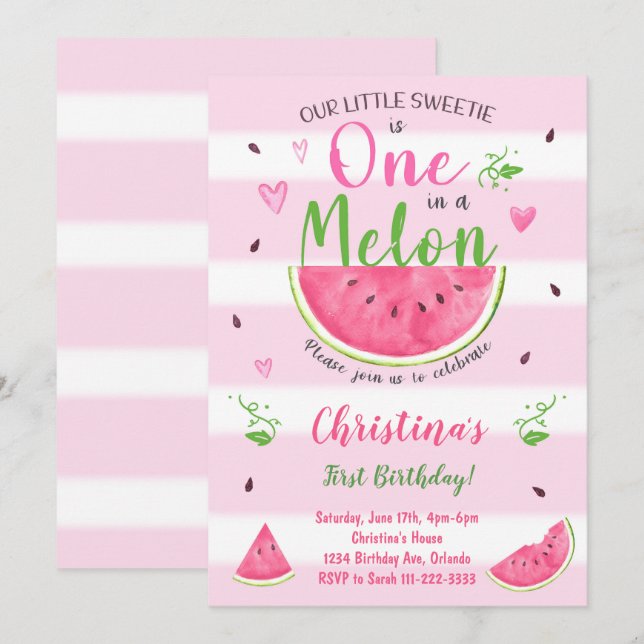 Um em um Convite para primeiro aniversario Melon W (Frente/Verso)