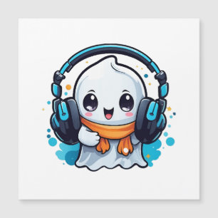 Um fantasma fofo e assustador com fones de ouvido