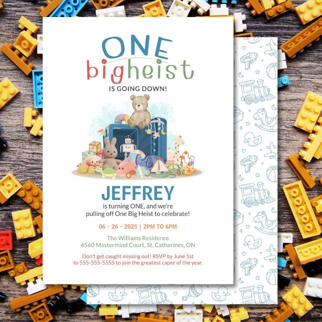 Um grande convite para o primeiro aniversário (One Big Heist birthday invite for a fun, toy heist first celebration!)
