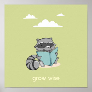 Um guaxinim bonito lendo um livro, poster verde pa
