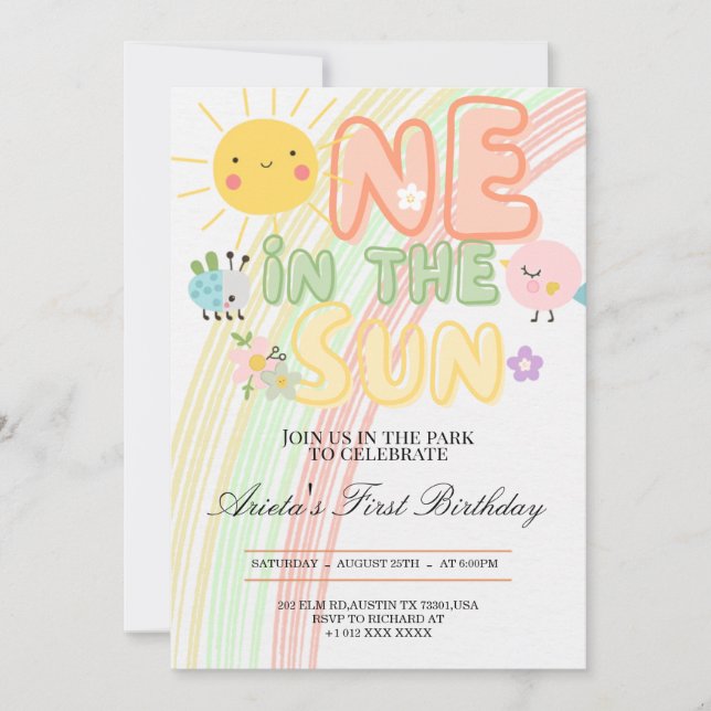 um no Convite de Aniversário de Um Ano ao Sol (Frente)