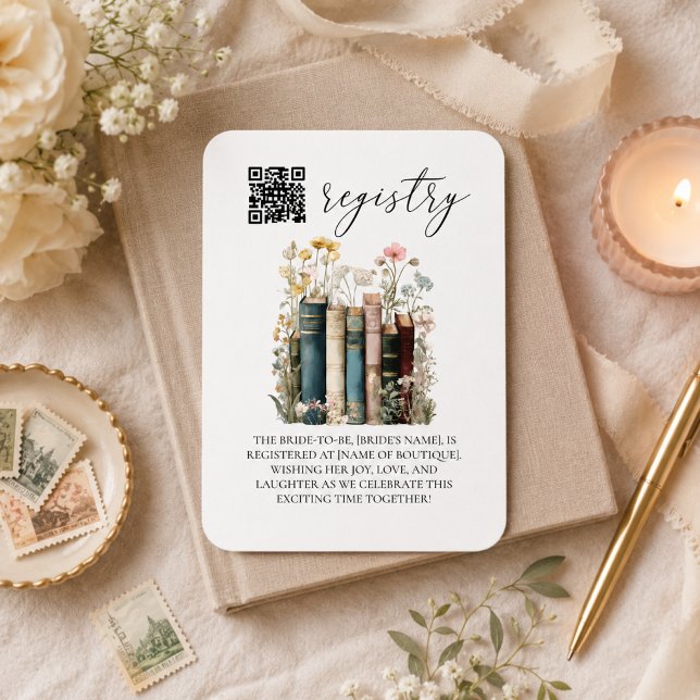 Um Novo Capítulo Começa Convite para Chá de Noiva (Registry Card with books and wildflowers
)