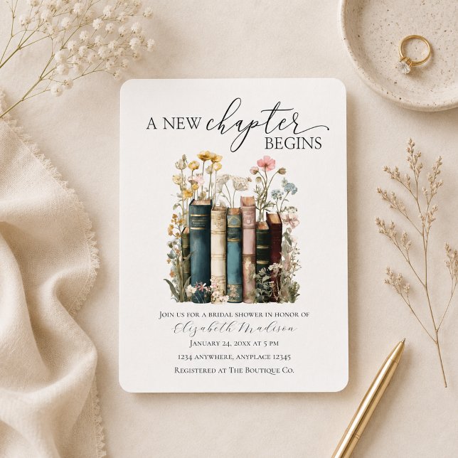 Um Novo Capítulo Começa Convite para Chá de Noiva (new chapter begins books and wildflowers invite)
