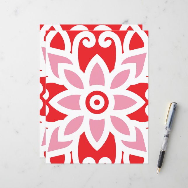 um padrão vermelho e branco com uma flor (Frente/Verso In Situ)