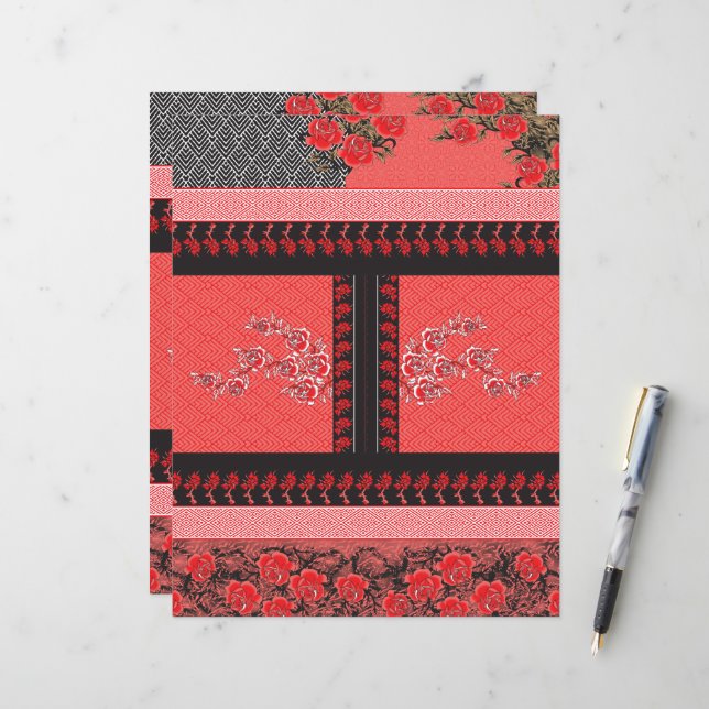 um padrão vermelho e preto com flores (Frente/Verso In Situ)