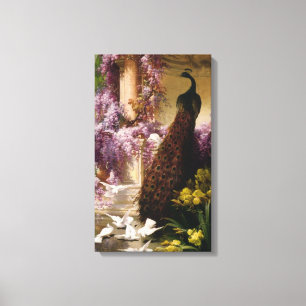 Um pavão e pombas em umas canvas do jardim