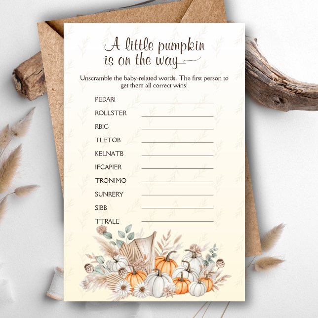 Um Pequeno Chá de fraldas Pumpkin Boho Scramble (A Little Pumpkin Is On The Way Baby Shower Game - Word scramble baby edition)