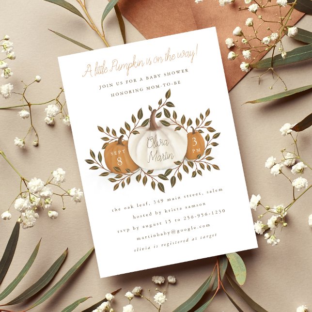 Um Pequeno Convite Para Chá de fraldas De Abóbora (This "A Little Pumpkin" Baby Shower Invitation is perfect for your chic, fall shower)