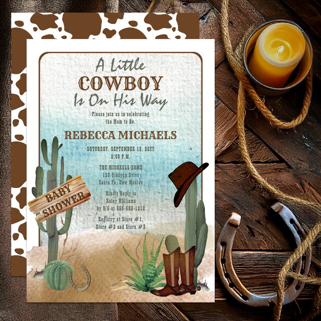 Um pequeno convite para Chá de fraldas de garoto o (Rustic Western "A Little Cowboy Is On His Way" Boy Baby Shower Invitation)