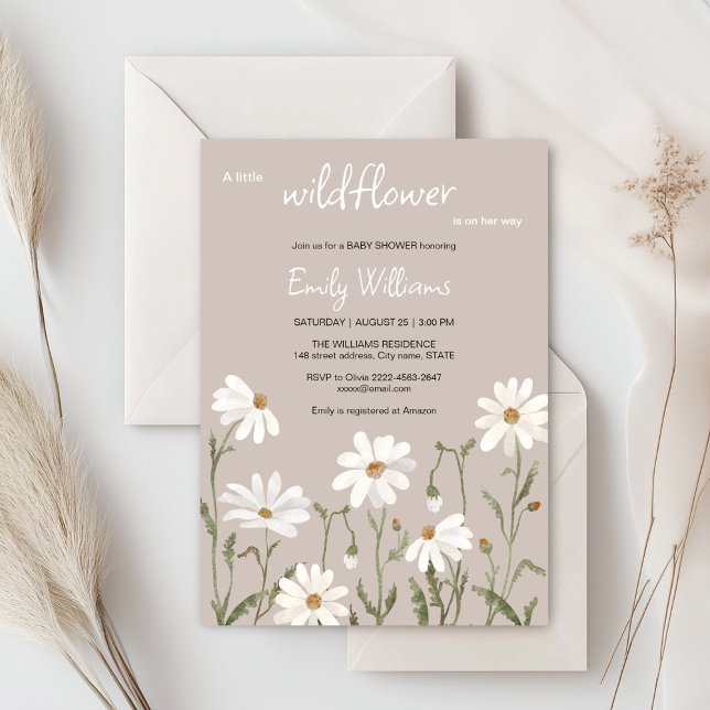Um pequeno convite para chá de fraldas de margarid (Daisy wildflower watercolor baby in bloom floral shower invitation in beige colors, rustic, boho)