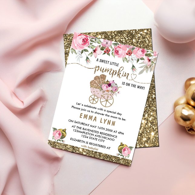 Um Pequeno Convite Para Chá de fraldas De Menina D (#zazzlemade #fallbabyshower #gold #babygirl #asweetlittlepumpkin #babycargold,handmade #original)