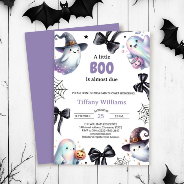 Um Pequeno Convite Para Chás de fraldas Boo | Fant (Pastel ghost baby shower invite with bows and cobwebs — cute spooky “A Little Boo” theme)