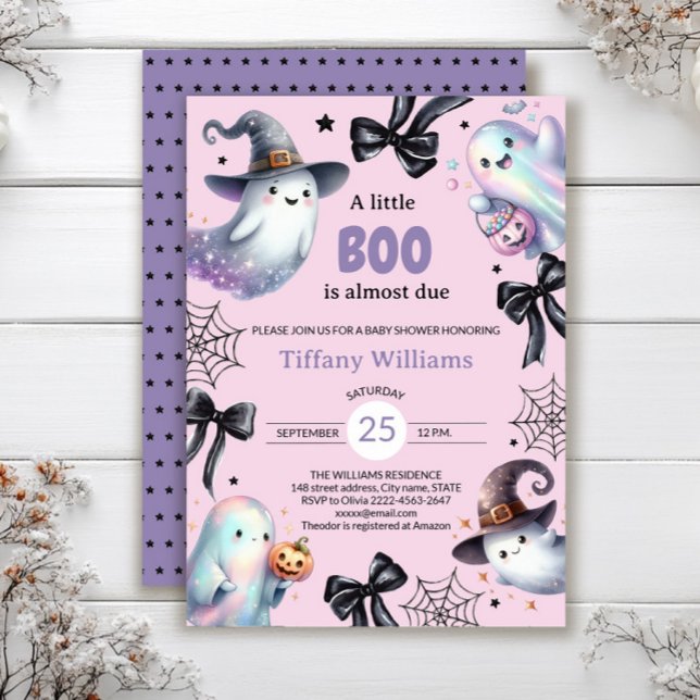 Um Pequeno Convite Para Chás de fraldas Boo | Fant (A little BOO is almost due — pastel ghost baby shower invite in pink and purple tones)