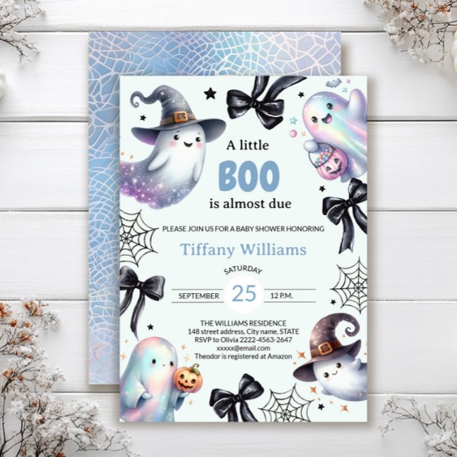 Um Pequeno Convite Para Chás de fraldas Boo | Fant (A little BOO is almost due — ghost baby shower invite in blue color with black bows)