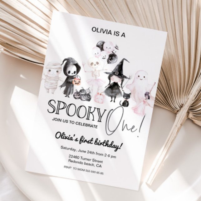 Um primeiro aniversario de convite cor-de-rosa de  (Spooky one birthday invitation, halloween party)