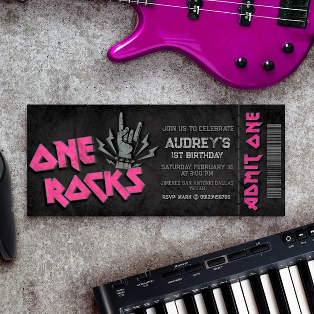 Um Rochedo - Convite para Tíquete de primeiro aniv (One Rocks - Girl 1st Birthday Ticket Invitation)