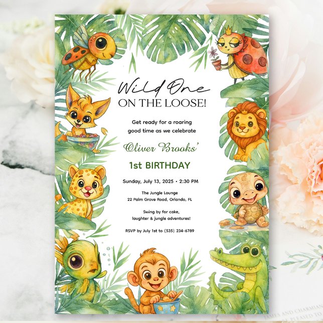 Um Selvagem Solto! | Convite de 1º Aniversário do  (Wild One Jungle Safari Boy 1st Birthday Invite)
