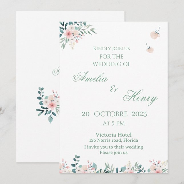 Um simples cartão de convite de casamento em aquar (Frente/Verso)