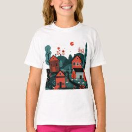 Uma camiseta com uma vila desenhada em um estilo d
