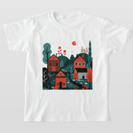 Uma camiseta com uma vila desenhada em um estilo d