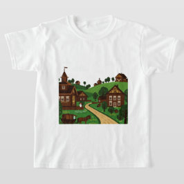 Uma camiseta de uma aldeia desenhada em um estilo 