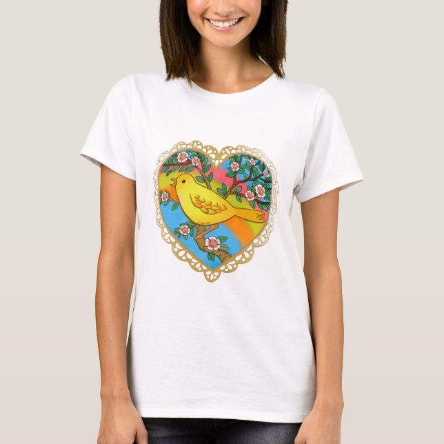 Uma camiseta do pássaro de coração amarelo (Frente)