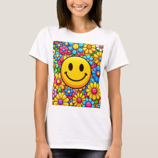 Uma camiseta estampada com uma carinha sorridente 