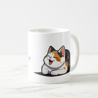 Uma caneca de café com um gato calico bocejando