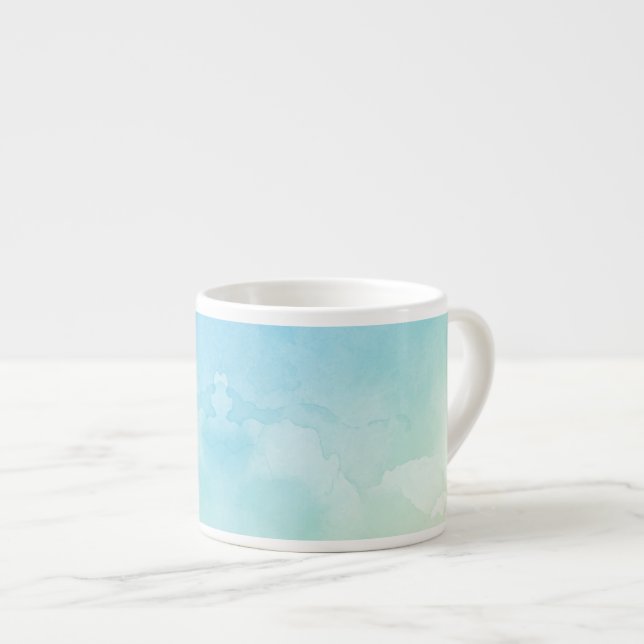 Uma caneca de cerâmica branca com um desenho calmo (Frente Esquerda)