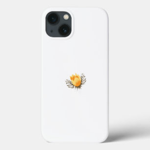 uma flor amarela com folhas sobre fundo branco