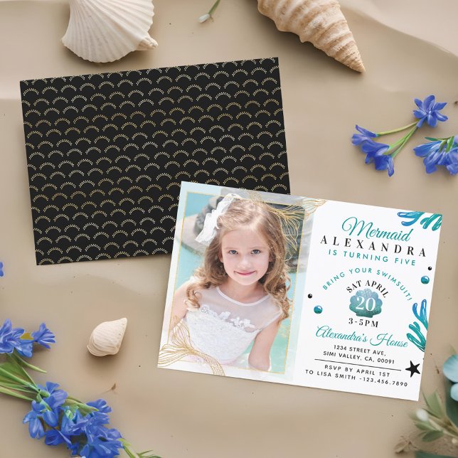 Uma Menina Bonita Sereia Foto Convite De Aniversár (Cute Little Girl Mermaid Photo Birthday Invitation)