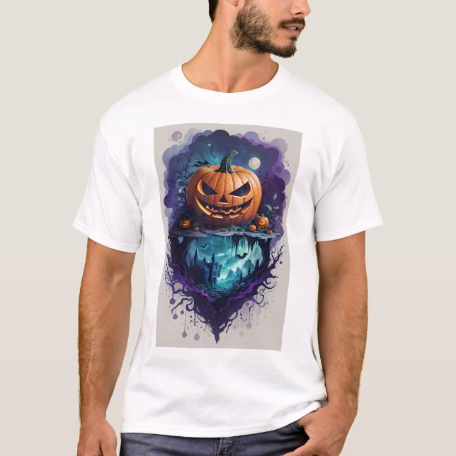 Uma vibrante camiseta de abóbora do Halloween. (Frente)