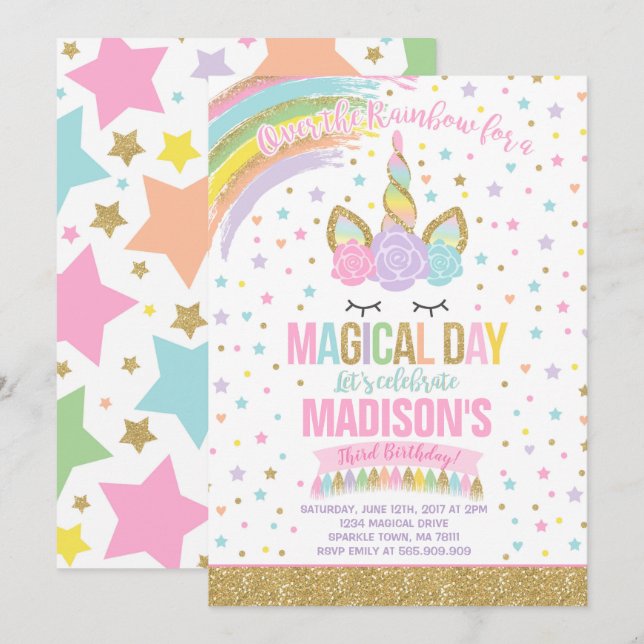 Unicorn Aniversário Convite Rosa Dourado Unicórnio (Frente/Verso)