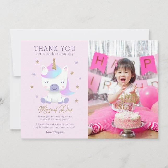 Unicorn Aniversário Obrigado Cartão com fotos (Frente)