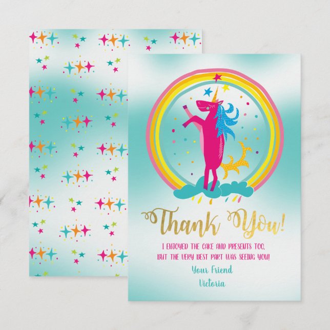 Unicorn arco-íris Obrigado cartões de nota (Frente/Verso)