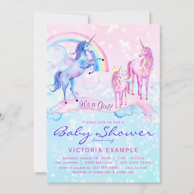 Unicorn Baby Shower Convites Pastel Unicorn (Frente)
