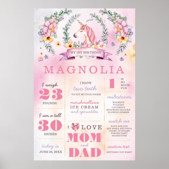 Unicorn Boho Birthday Stats Milestone Poster (Frente)