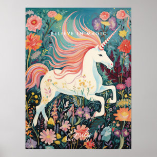 unicorn floral mágico acredite poster de quarto de