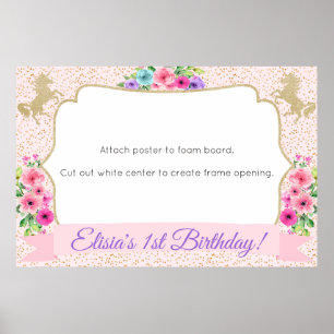 Unicorn Foto Booth Prop Poster Dourado Floral