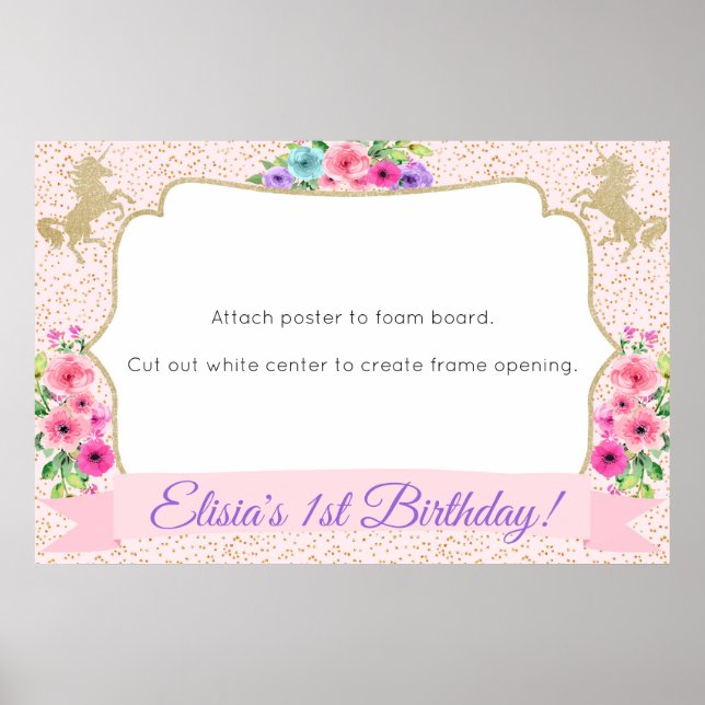 Unicorn Foto Booth Prop Poster Dourado Floral (Frente)